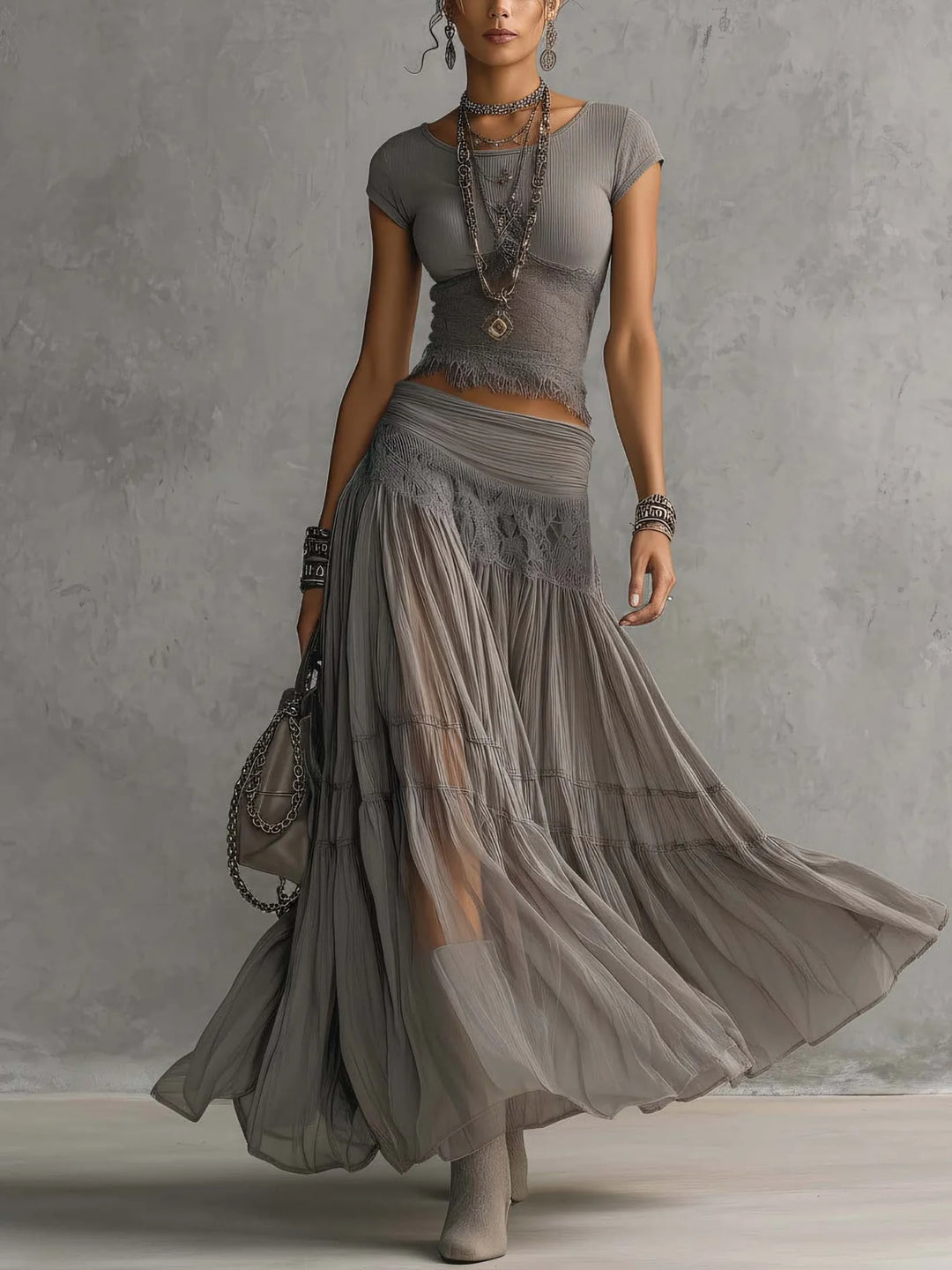 Elena Lace-Paneled Top and Pleated Maxi Skirt Set
