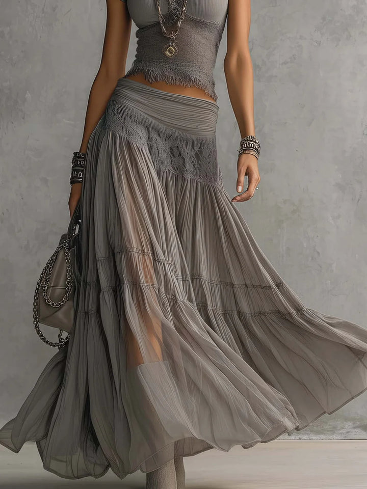 Elena Lace-Paneled Top and Pleated Maxi Skirt Set