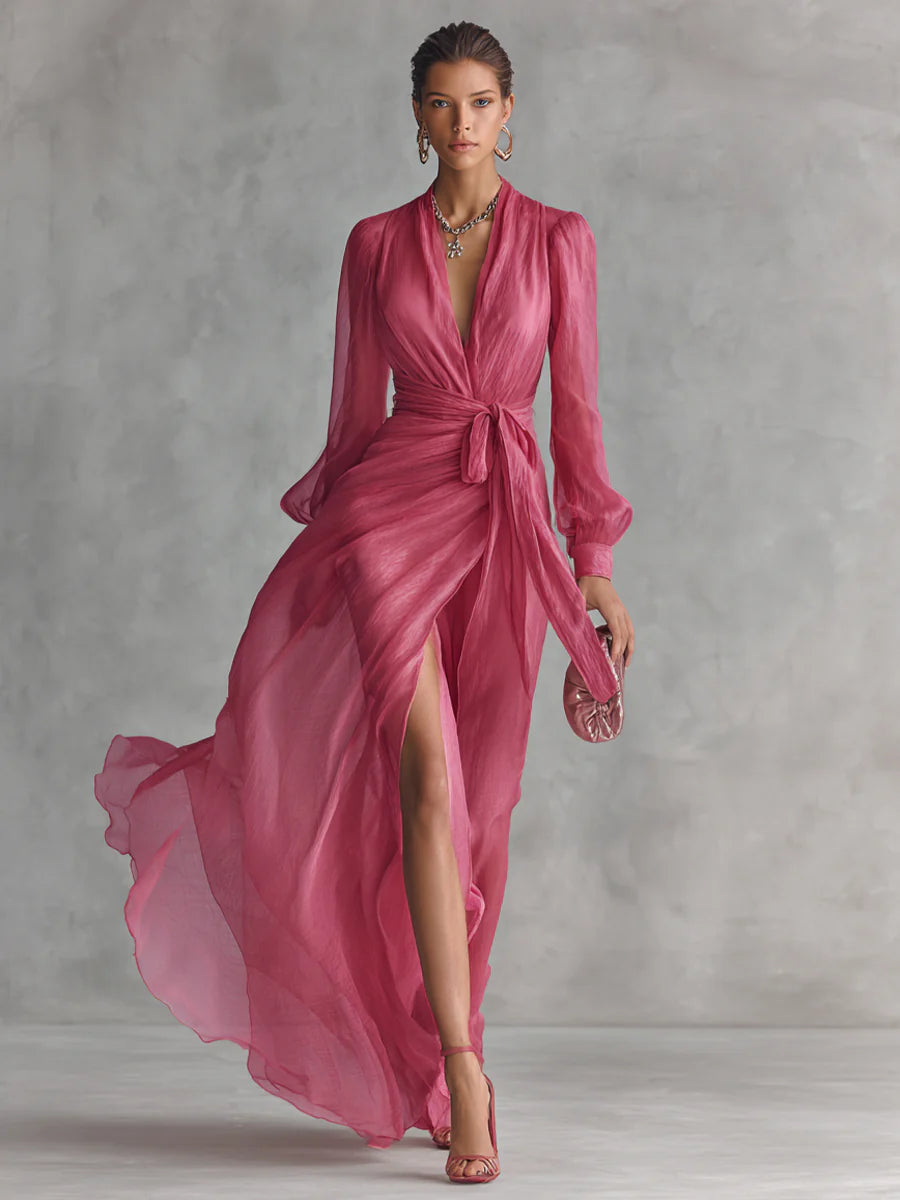 Noemi | Beaded Chiffon Maxi Dress with V-Neckline