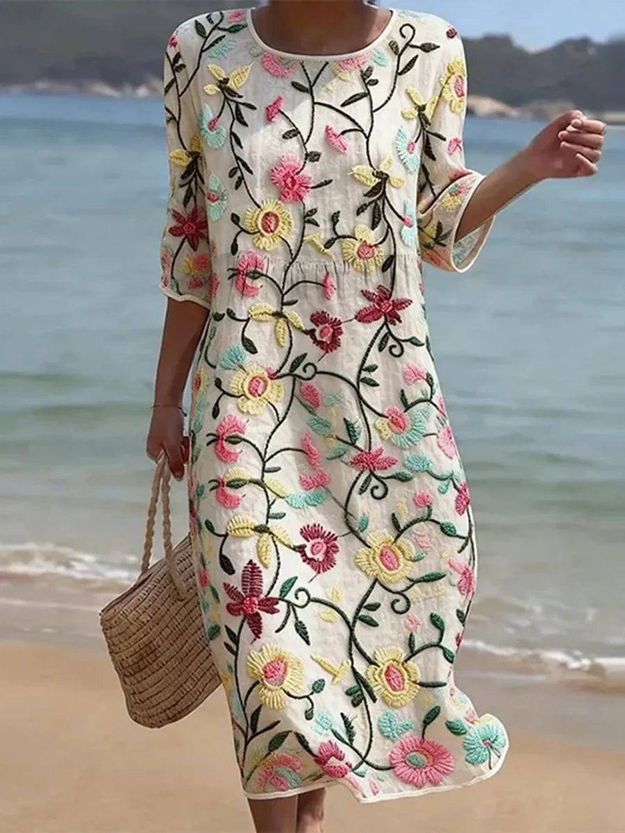 Natalie | Plant & Flower Print Round Neck Midi Dress