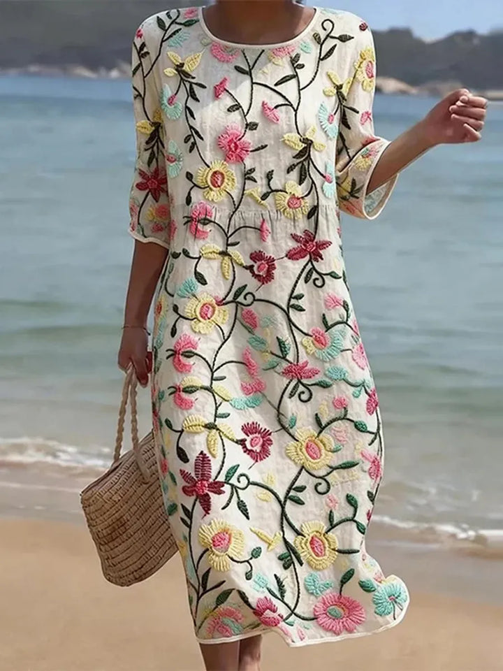 Natalie | Plant & Flower Print Round Neck Midi Dress