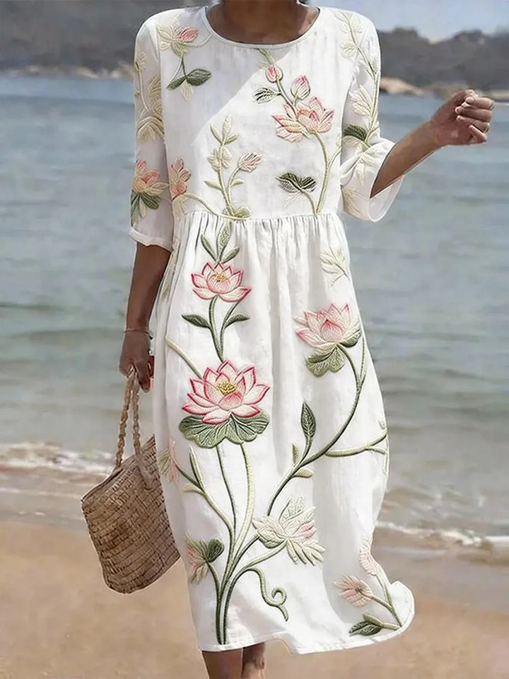 Natalie | Plant & Flower Print Round Neck Midi Dress