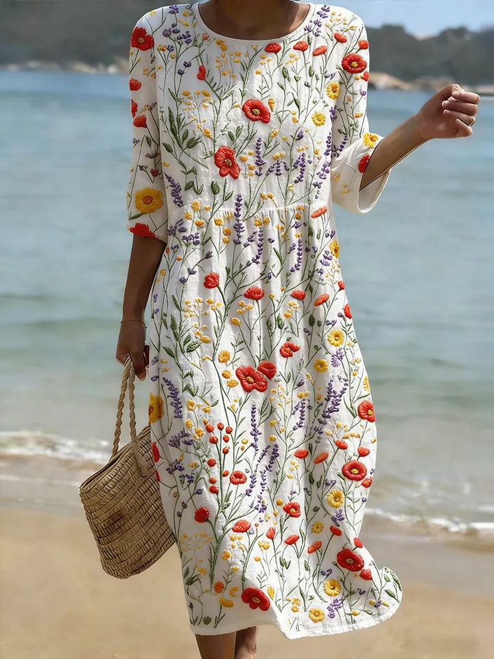 Natalie | Plant & Flower Print Round Neck Midi Dress
