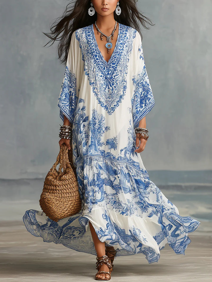 IRIS | Blue Porcelain V-Neck Dress