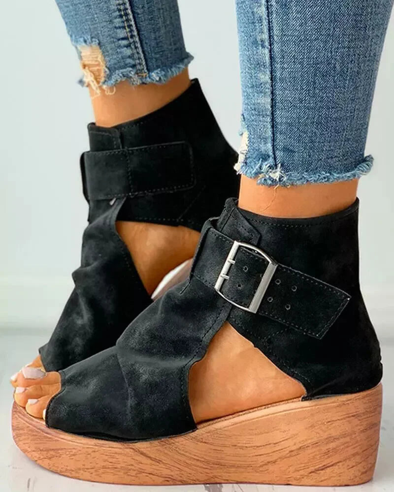 Marlyn - Women's open-toe wedge sandals with a retro-style buckle
