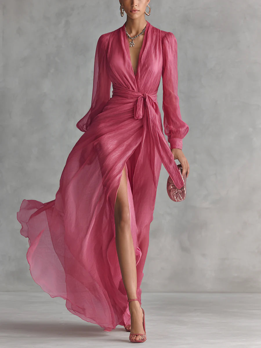 Noemi | Beaded Chiffon Maxi Dress with V-Neckline
