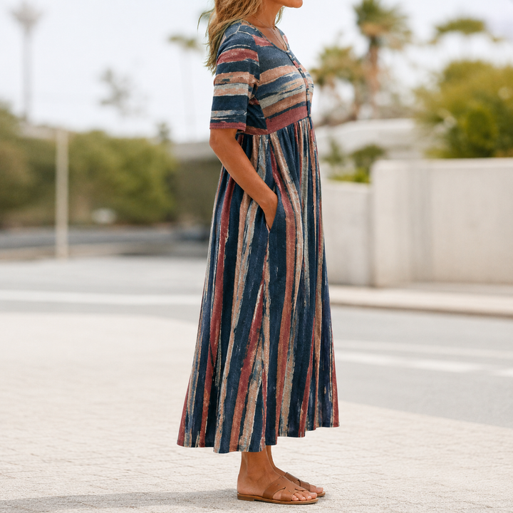 HOLLY | ELEGANT STRIPED TUMMY-COVERAGE MIDI DRESS