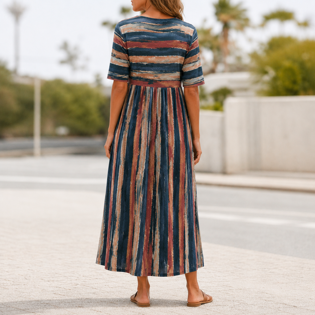 HOLLY | ELEGANT STRIPED TUMMY-COVERAGE MIDI DRESS