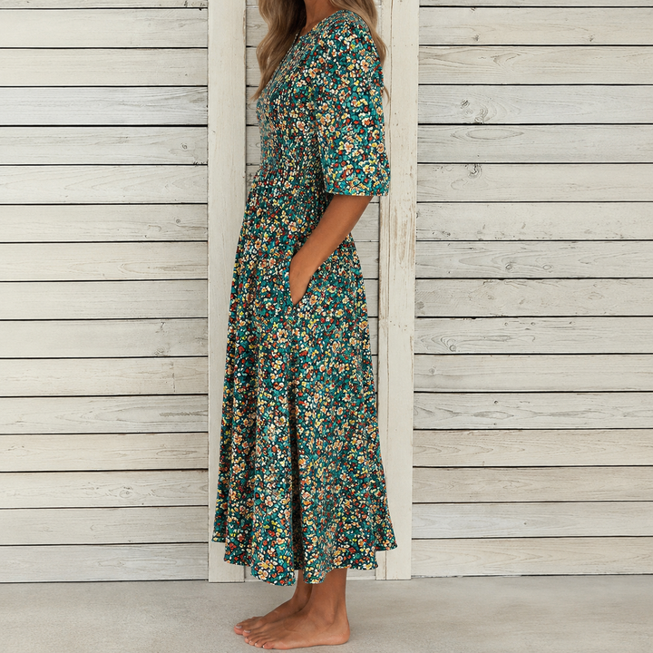 DANICA | ELEGANT FLORAL TUMMY-COVERAGE MIDI DRESS