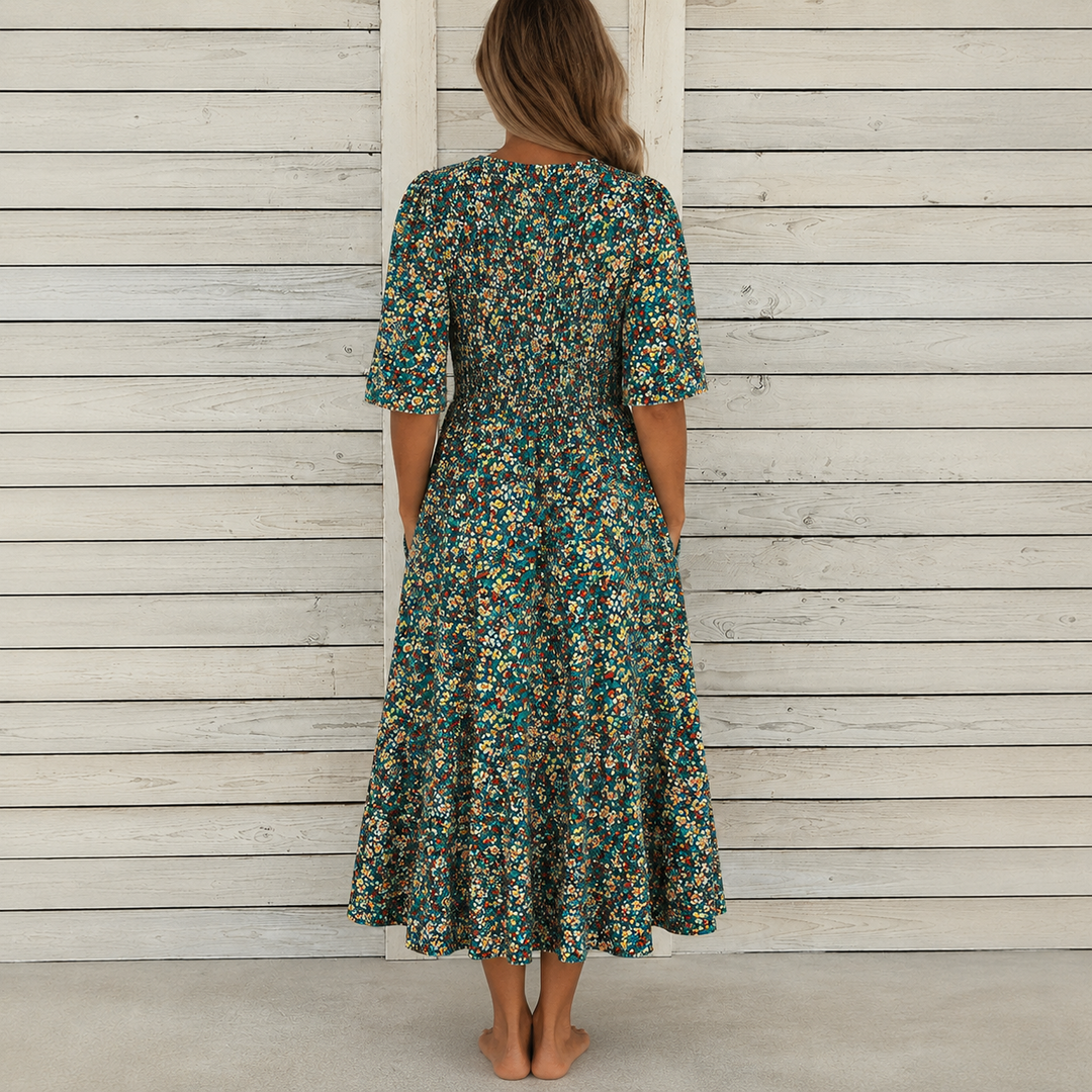 DANICA | ELEGANT FLORAL TUMMY-COVERAGE MIDI DRESS