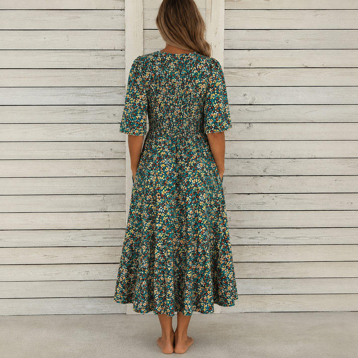 DANICA | ELEGANT FLORAL TUMMY-COVERAGE MIDI DRESS