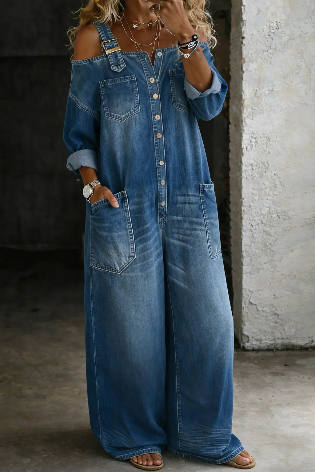 Florence | Off Shoulder Denim Shirt Jumpsuit