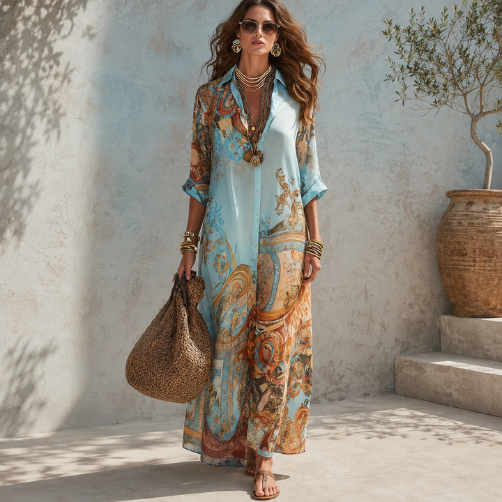 Baroque Style Floral Blue Chiffon Maxi Dress