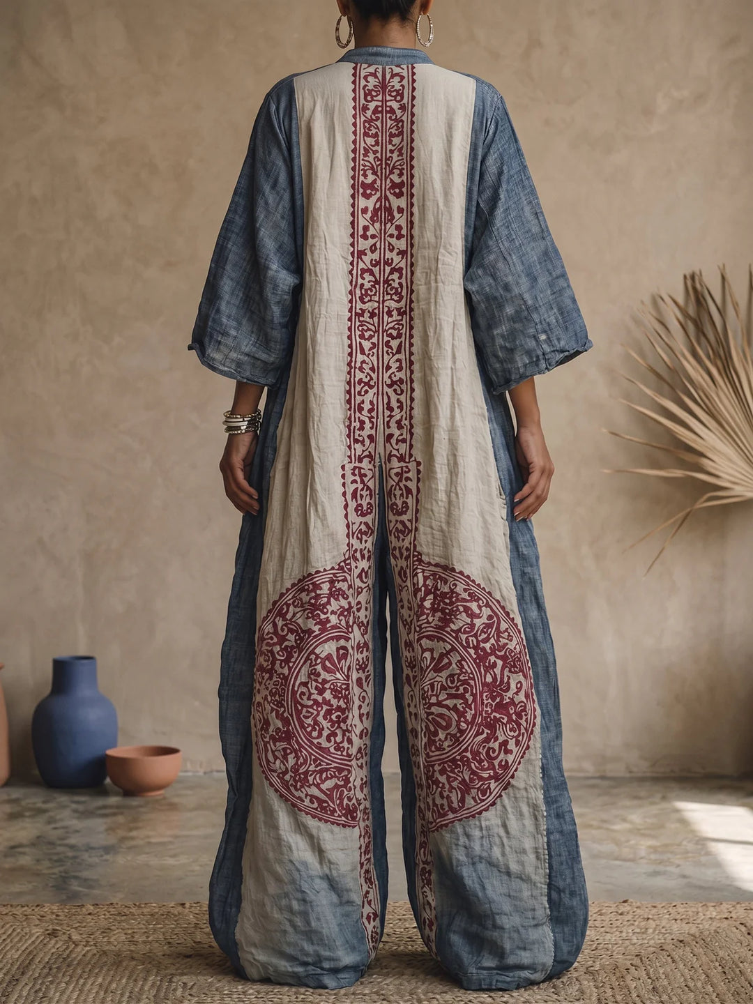Women's Vintage Print V-neck 3/4-sleeve Cotton-linen Jumpsuit