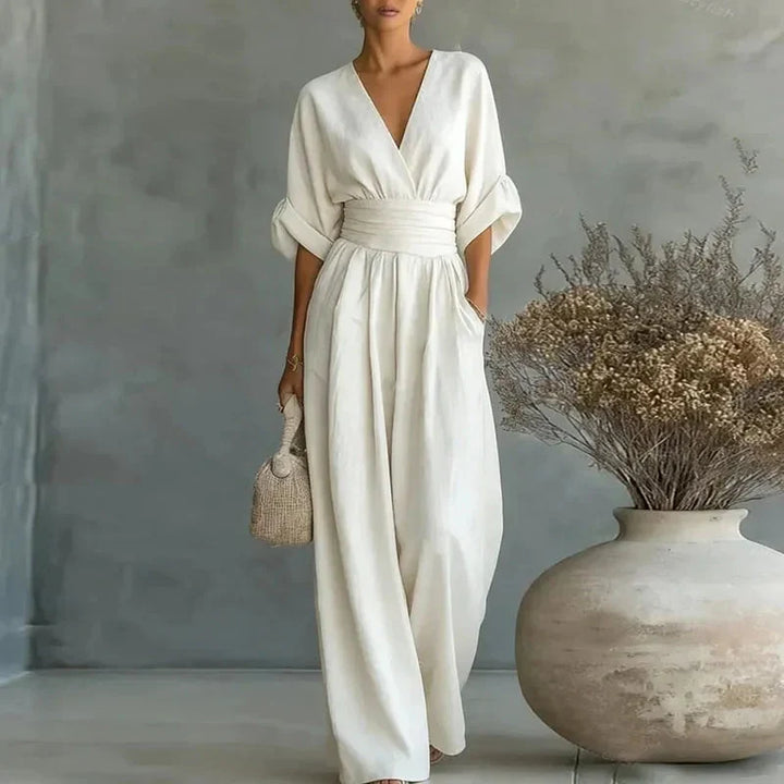 Helena | V-Neck Chiffon/Linen Blend Wide-Leg Jumpsuit