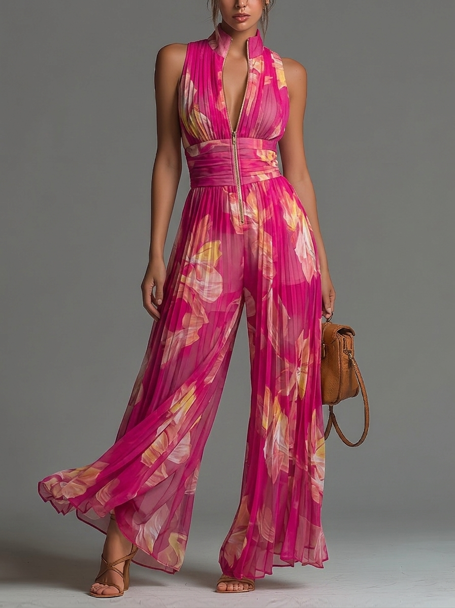 ZSÓFIA JUMPSUIT | FUCHSIA FLORAL PLEATED CHIFFON • S1
