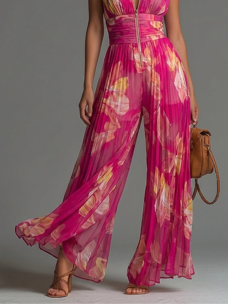 ZSÓFIA JUMPSUIT | FUCHSIA FLORAL PLEATED CHIFFON • S1