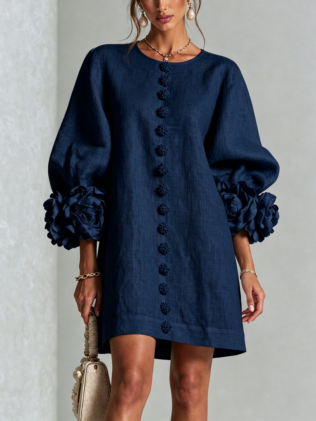 VYNEXA | FLORAL-CUFF BUTTON-FRONT MINI DRESS