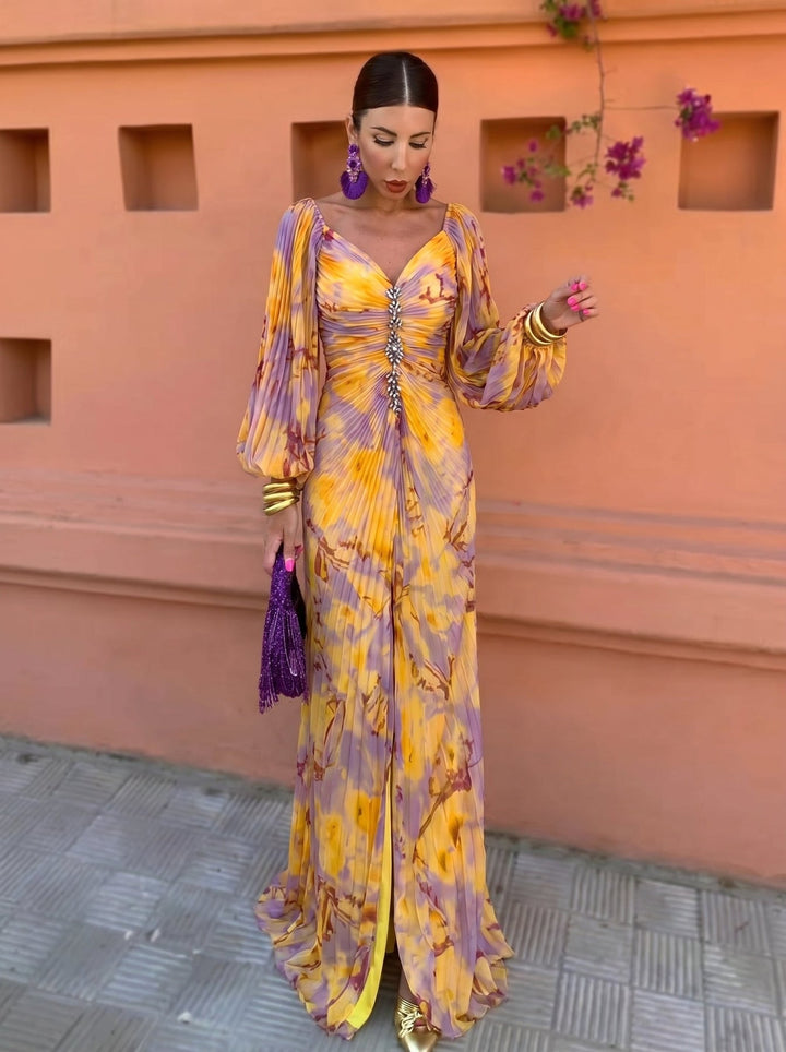 Gregoria™ | Floral Long Dress with Plunging Neckline