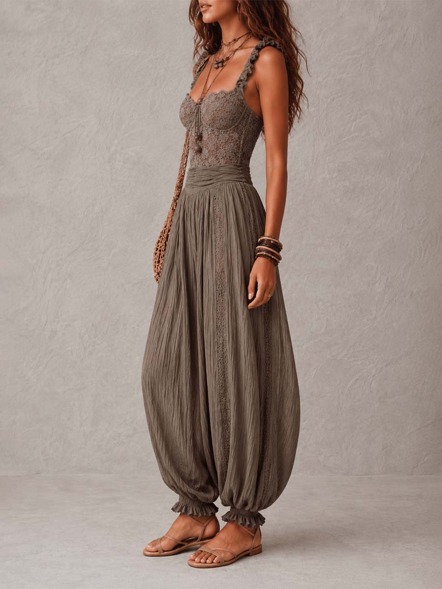 Nieves • Gray Lace Bandeau and Pleated Cotton Harem Pants Set