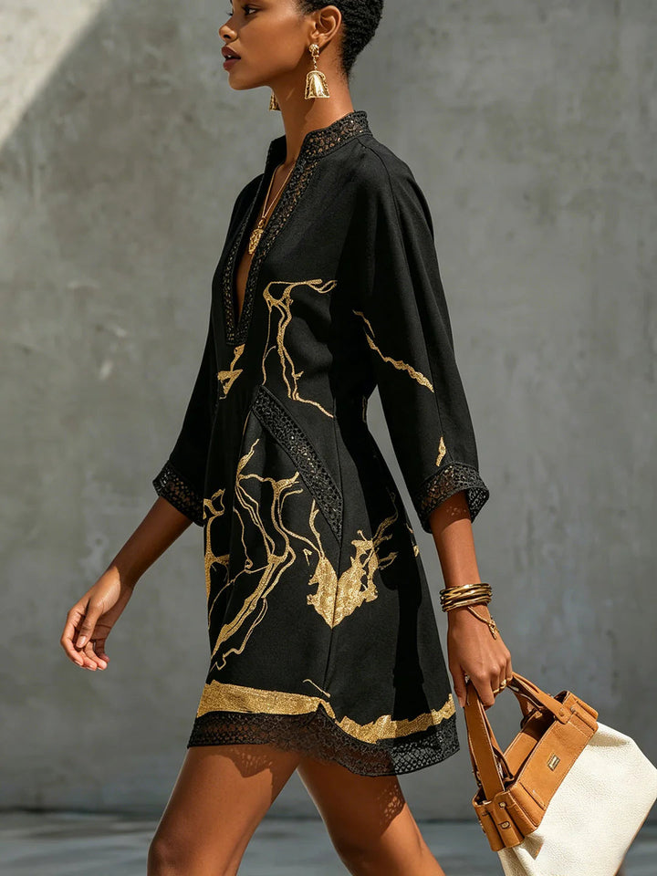 Donatella | Black Mini Dress with Gold Marble Pattern and Crochet Lace