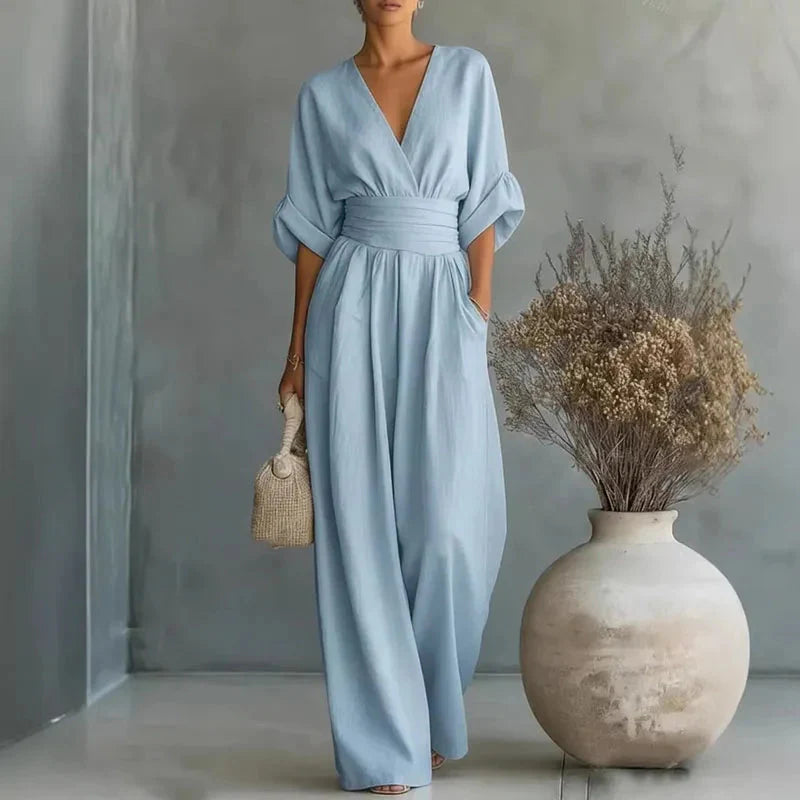 Helena | V-Neck Chiffon/Linen Blend Wide-Leg Jumpsuit