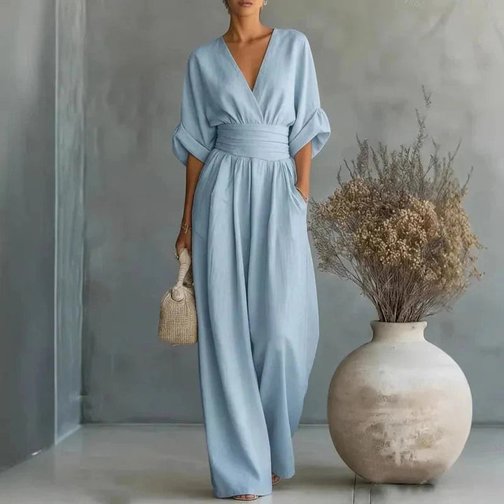 Helena | V-Neck Chiffon/Linen Blend Wide-Leg Jumpsuit