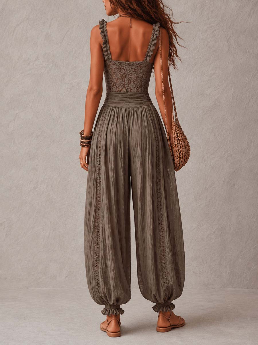 Nieves • Gray Lace Bandeau and Pleated Cotton Harem Pants Set