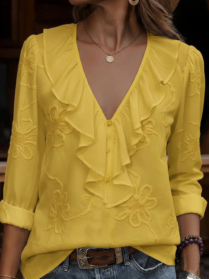 CELESTINE | VINTAGE FLORAL EMBROIDERED FRILL V-NECK SHIRT