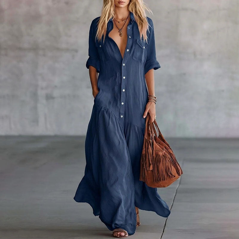 Casual Button-Down Maxi Shirt Dress with Pockets