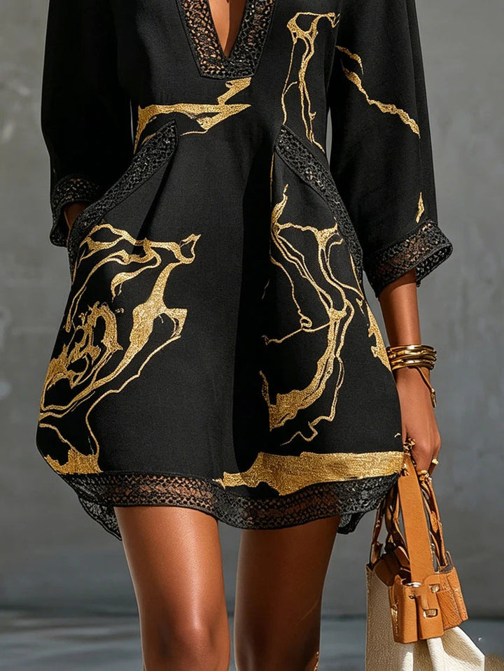 Donatella | Black Mini Dress with Gold Marble Pattern and Crochet Lace