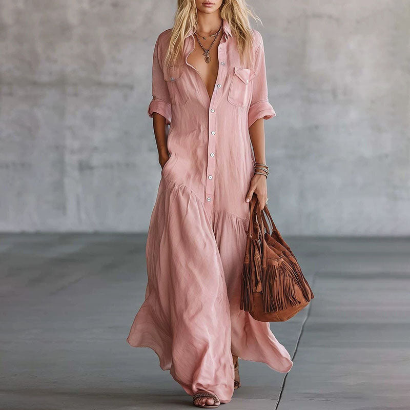 Casual Button-Down Maxi Shirt Dress with Pockets