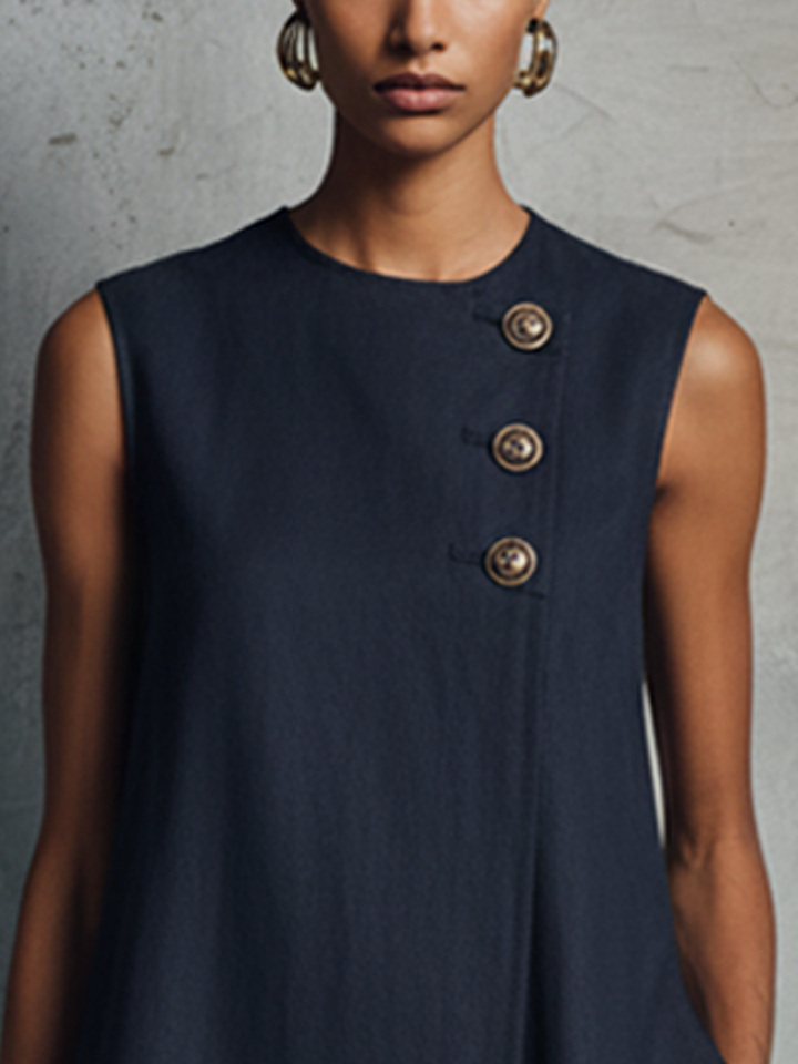 Women's Minimalist Professional Navy Blue Mini Dress with Round Neck, Asymmetrical Buttons, Side Pocket, Sleeveless