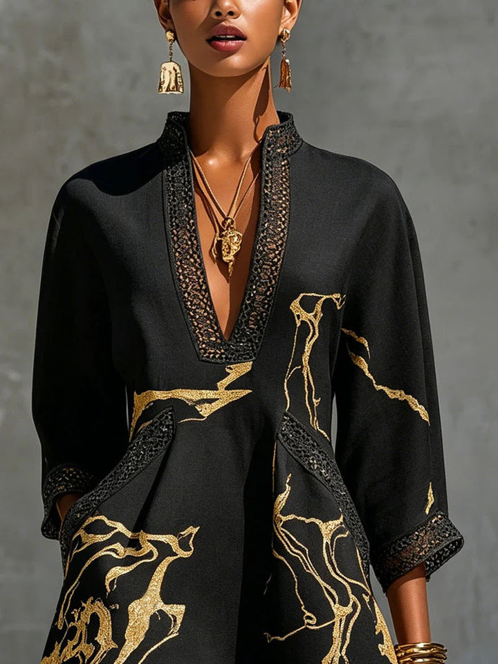 Donatella | Black Mini Dress with Gold Marble Pattern and Crochet Lace