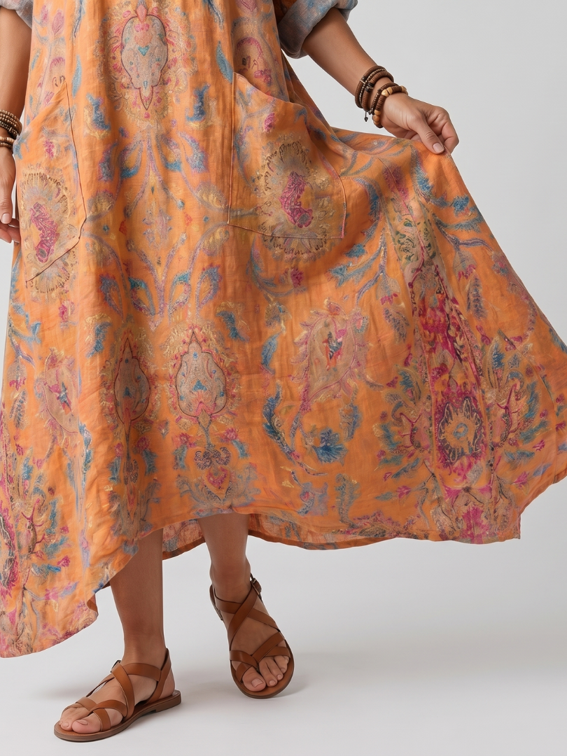 Remi Notch Neck Printed Oversized Pocket Midi Dress
