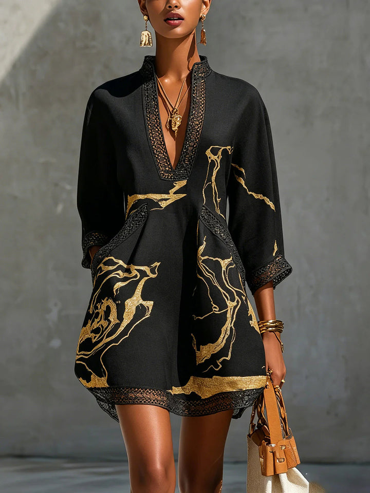Donatella | Black Mini Dress with Gold Marble Pattern and Crochet Lace