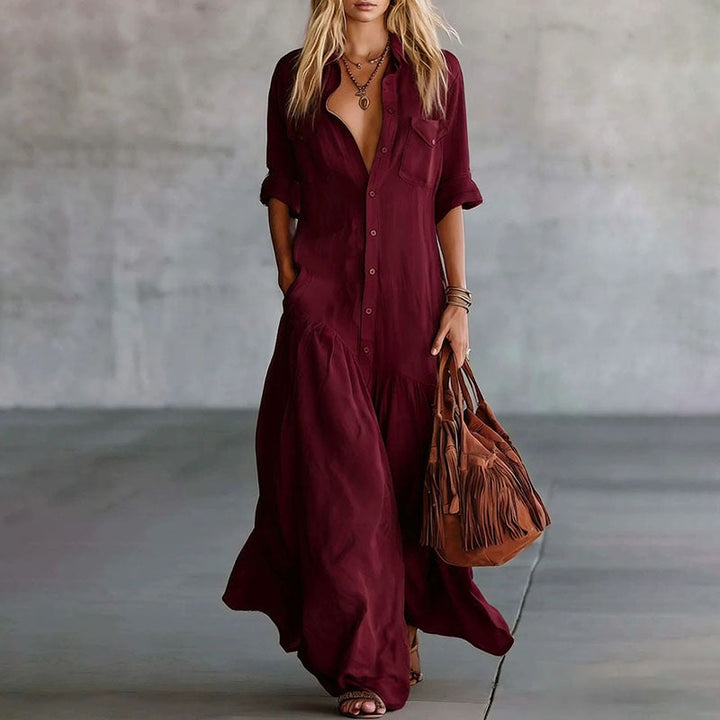 Casual Button-Down Maxi Shirt Dress with Pockets