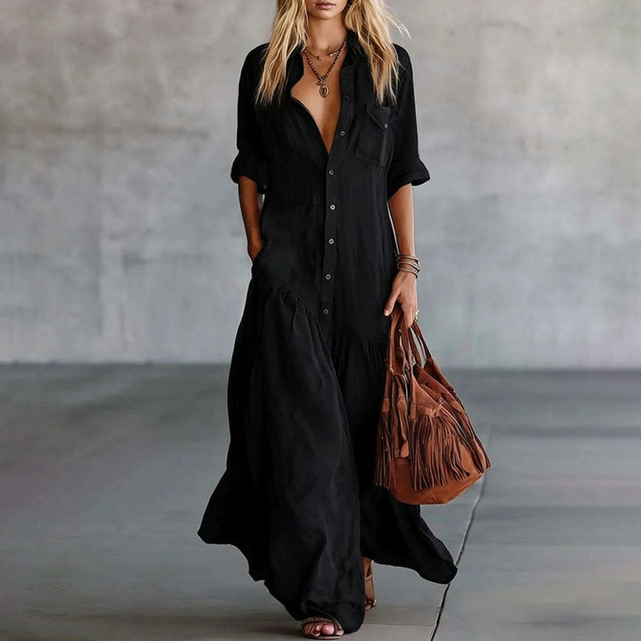 Casual Button-Down Maxi Shirt Dress with Pockets