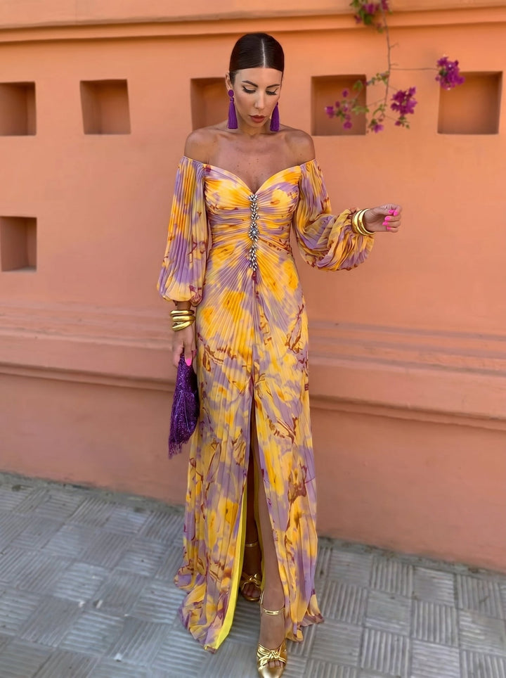 Gregoria™ | Floral Long Dress with Plunging Neckline