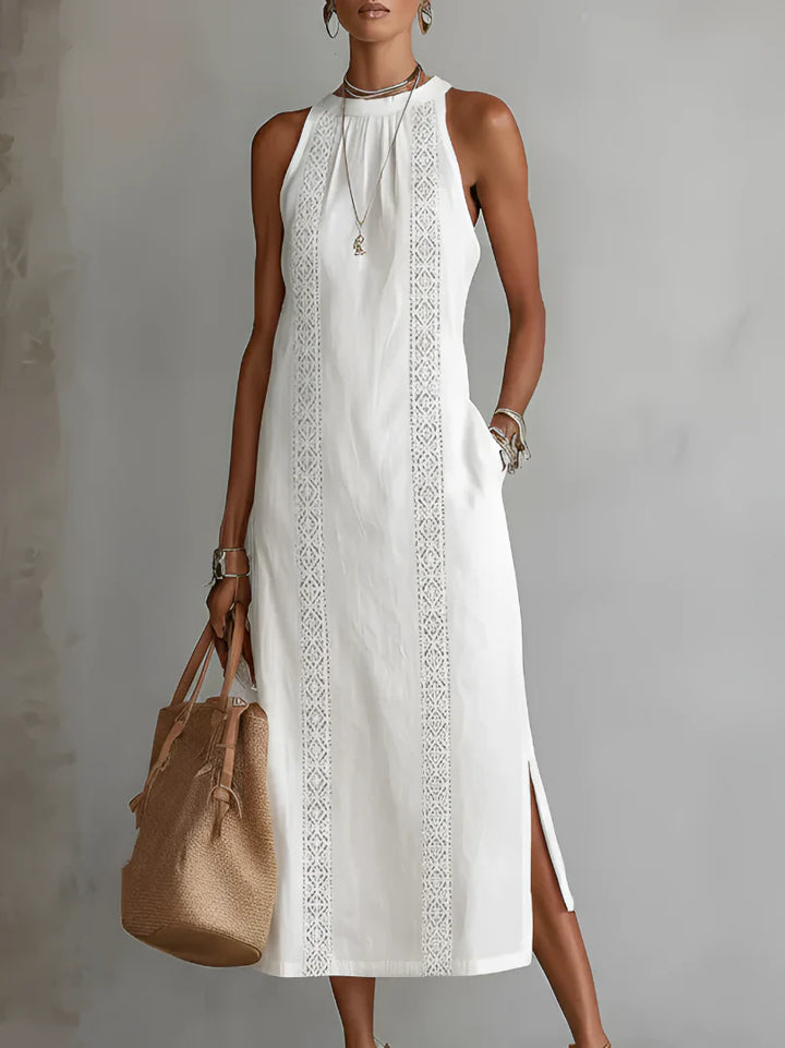 Jimena™ | Relaxed Embroidered Mandarin Collar Midi Dress