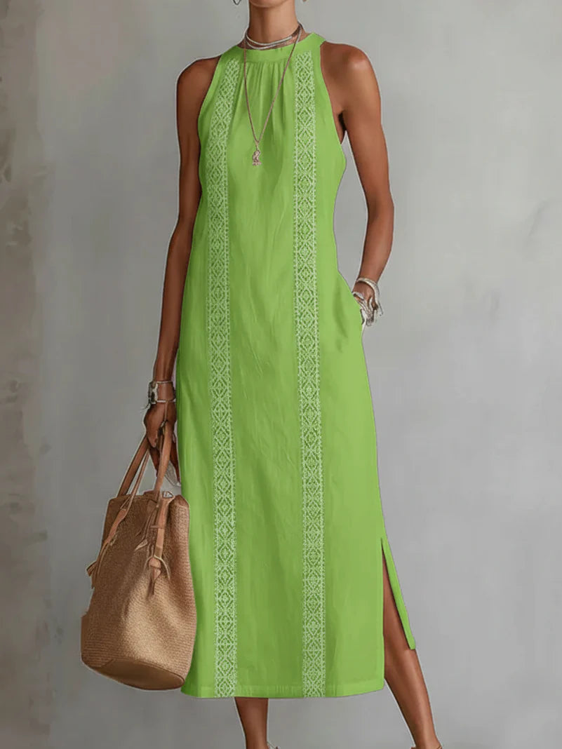 Jimena™ | Relaxed Embroidered Mandarin Collar Midi Dress