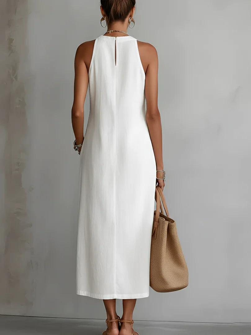 Jimena™ | Relaxed Embroidered Mandarin Collar Midi Dress