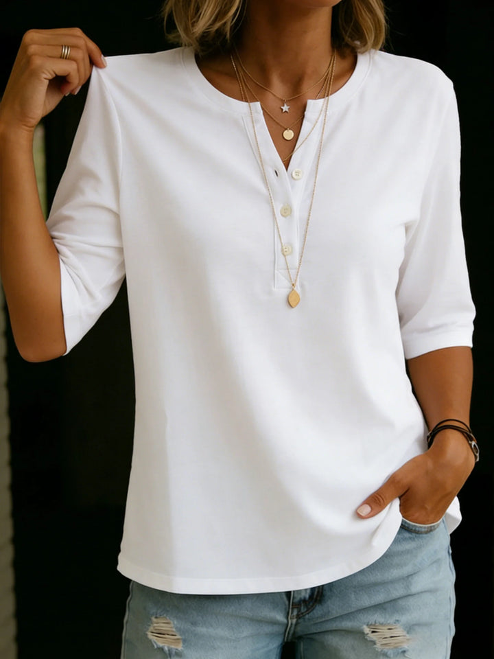 Pauline | Henley Button Neck Top with 3/4 Sleeves & Relaxed Fit