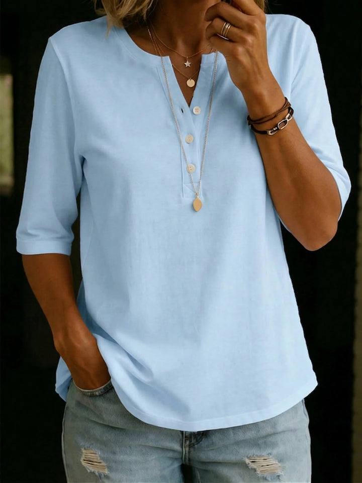 Pauline | Henley Button Neck Top with 3/4 Sleeves & Relaxed Fit