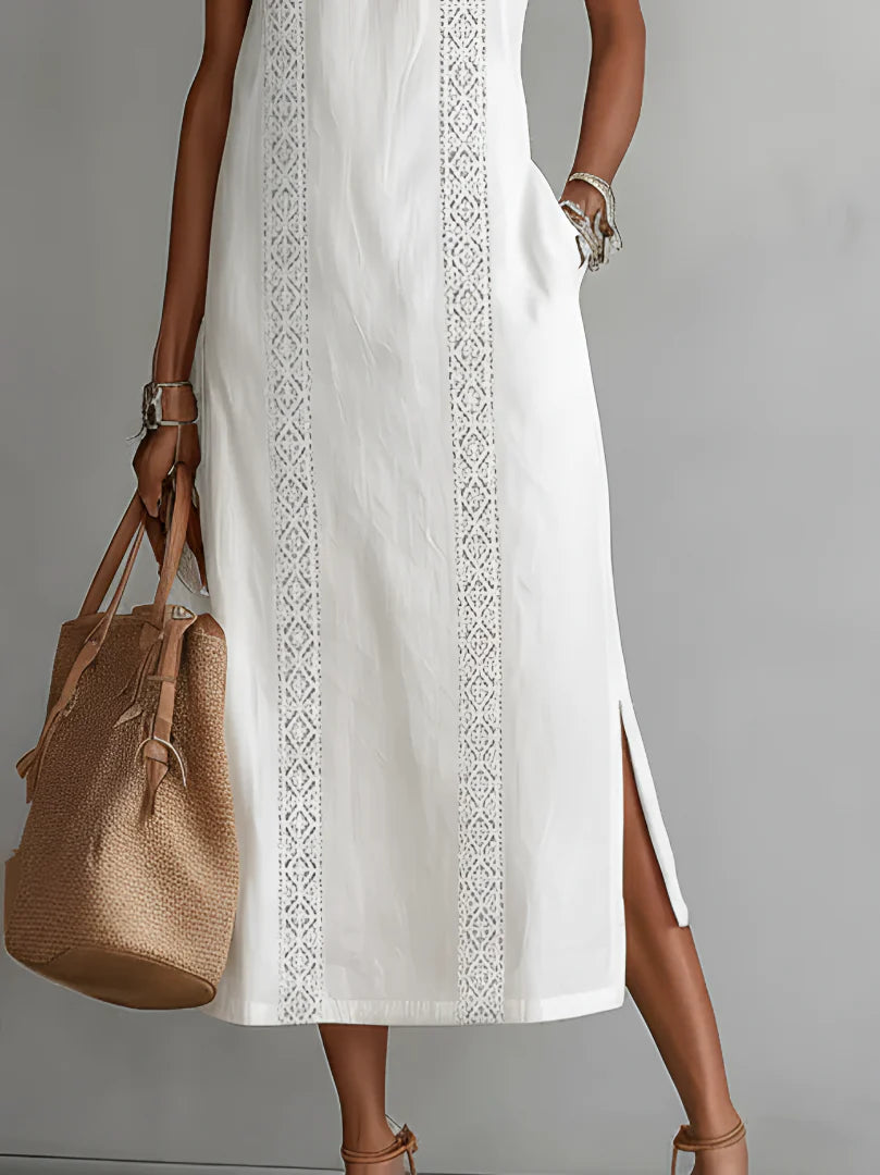 Jimena™ | Relaxed Embroidered Mandarin Collar Midi Dress