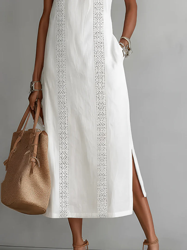 Jimena™ | Relaxed Embroidered Mandarin Collar Midi Dress