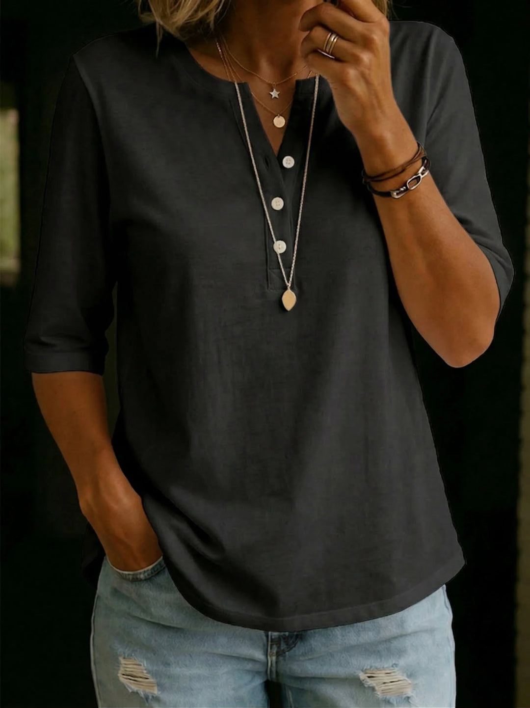 Pauline | Henley Button Neck Top with 3/4 Sleeves & Relaxed Fit