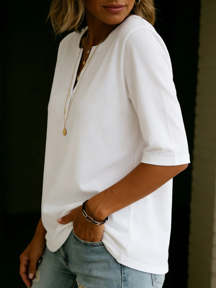 Pauline | Henley Button Neck Top with 3/4 Sleeves & Relaxed Fit