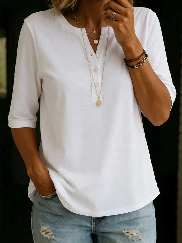 Pauline | Henley Button Neck Top with 3/4 Sleeves & Relaxed Fit