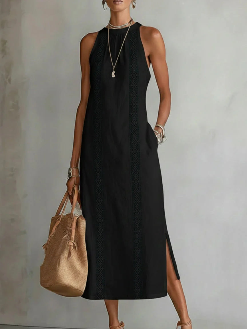 Jimena™ | Relaxed Embroidered Mandarin Collar Midi Dress